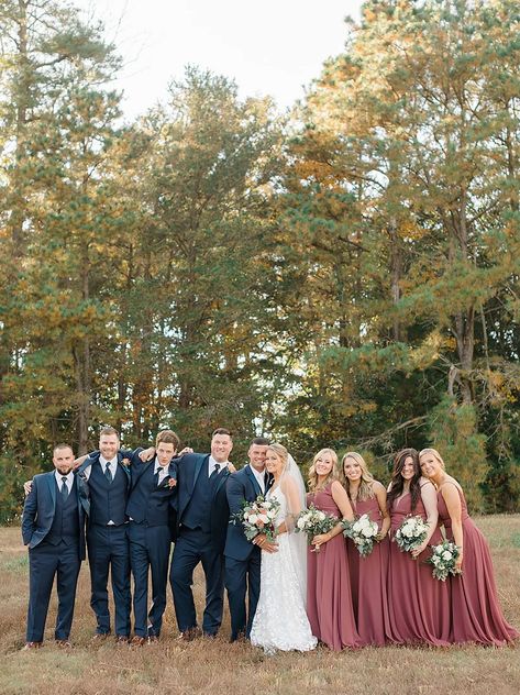 The Grove at Centerton Wedding Photography by Magdalena Studios 0009 Mauve Bridesmaid Dress With Navy Groomsmen, Cinnamon And Blue Wedding, Rosewood Bridal Party, Birdy Grey Rosewood Wedding, Cinnamon Rose Bridesmaid Dress With Groomsmen, Cinnamon Rose Groomsmen Attire, Cinnamon Rose Wedding Florals, Desert Rose And Grey Wedding, Dark Mauve Bridal Party