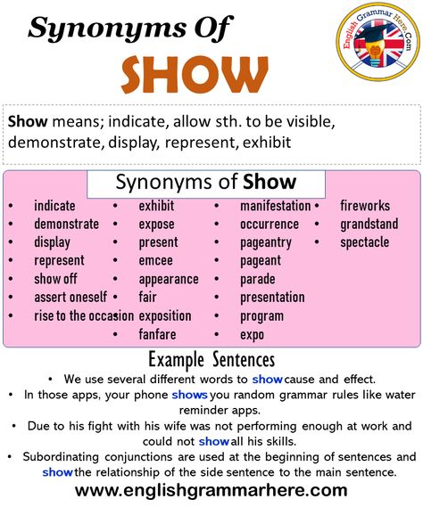 Synonyms Of Show, Show Synonyms Words List, Meaning and Example Sentences Synonyms words are that have different spelling but have the same meanings. As in any language, there are synonyms in English. A word can have more than one synonym. If a person who has just started learning English memorizes every word he / she learned with their synonyms, their vocabulary increases. We have more vocabulary about the language we learn, and our competence in that language increases.  Learning in this way Shows Synonyms, Synonyms For Show, Show Synonyms, Favourite Synonyms, This Shows Synonyms, Synonyms Words, Education Notes, Academic English, English Gcse