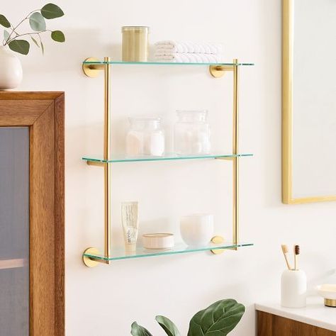 ripple | West Elm Modern Overhang, Glass Bathroom Shelves, Bar Shelves, Metal Wall Shelves, Bathroom Wall Shelves, Bathroom Smells, Tempered Glass Shelves, Double Glass, Glass Shelf