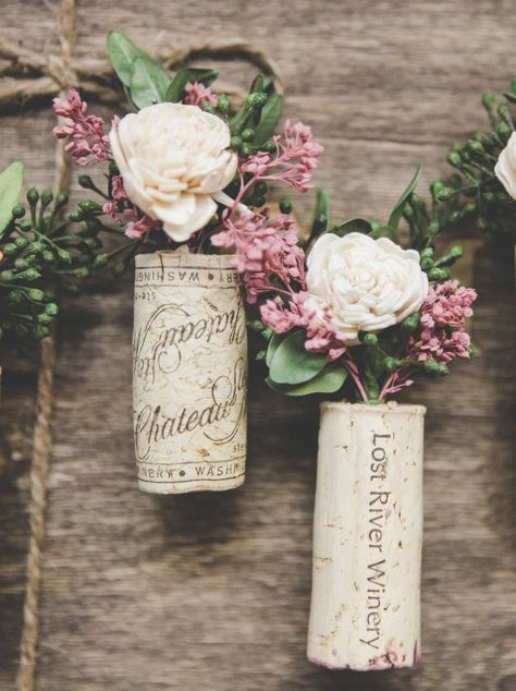 Pink and Ivory Wine Cork Boutonnieres, Winery Theme Boutonniere Cork Boutonniere, Preserved Boxwood, Wood Flowers, Real Plants, Theme Wedding, Tree Bark, Wine Cork, Boutonniere, Fresh Flowers