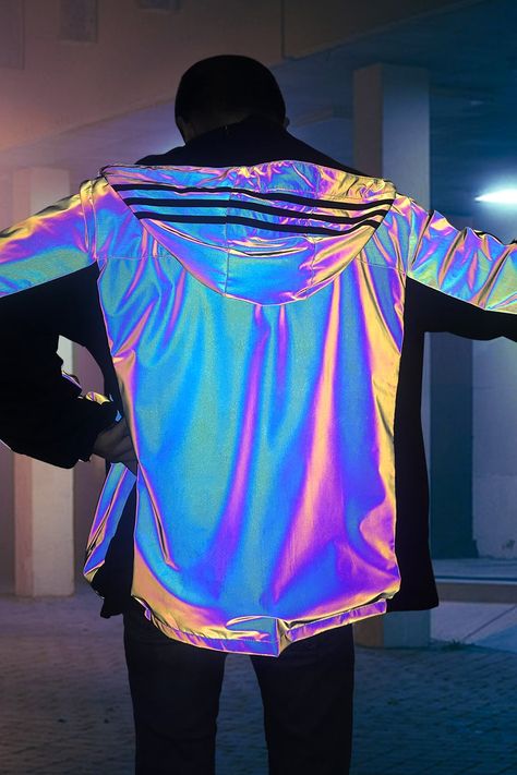 Rainbow iridescent reflective fabric-ChinaStars Iridescent Clothing Drawing, Rave Outfit Neon, Iridescent Mens Fashion, Reflective Fabric, Reflective Outfit, Iredesant Shirt, Iridescent Outfit Holographic Fashion, Reflective Clothes, Irridecent Fabric