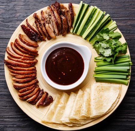 Duck And Pancakes, Chinese Peking Duck, Peking Duck Sauce, Asian Starters, Peking Duck Pancakes, Peking Duck Recipe, Duck Pancakes, Duck Breast Recipe, Smoked Duck