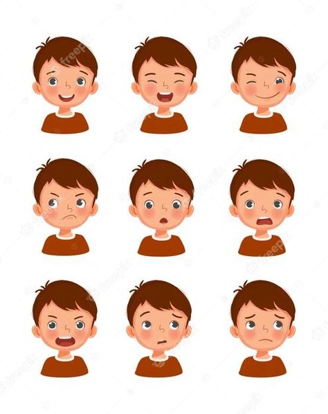 Premium Vector | Set of cute little boy different facial expressions and emotions Emotions Illustration Facial Expressions, Different Expressions Drawing, Different Expressions Faces, Illustration Facial Expressions, Little Boy Character Design, Face Expressions Drawing, Character Emotions, Faces Illustration, Expressions Drawing