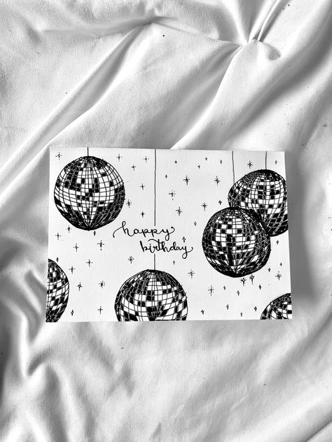 disco ball. party. sequin. stars. calligraphy. birthday. card. happy. black and white. graphic design. wall art. Cute Birthday Ideas For Boyfriend, Birthday Card Homemade, Birthday Ideas For Boyfriend, Disco Ball Party, Happy Birthday Cards Diy, 16th Birthday Card, Ball Drawing, Birthday Card Drawing, Cute Birthday Ideas