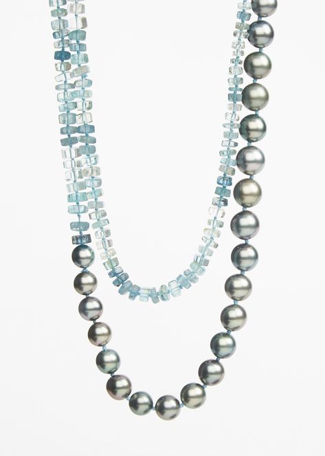 Will Hanigan Pearls Aquamarine and Tahitian Pearl Necklace | Tiina The Store Pearl Diver, Tahitian Pearl Necklace, Aquamarine Necklace, Aqua Marine, Akoya Pearls, Tahitian Pearls, Timeless Treasures, The Store, Unique Necklaces