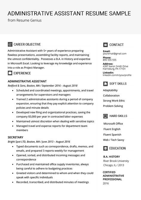 Administrative Assistant Resume Example & Writing Tips | Resume Genius Executive Assistant Job Description, Administrative Assistant Job Description, Executive Administrative Assistant, Office Assistant Resume, Scheduling Appointments, Resume Summary Examples, Administrative Assistant Resume, Writing Text, Admin Assistant