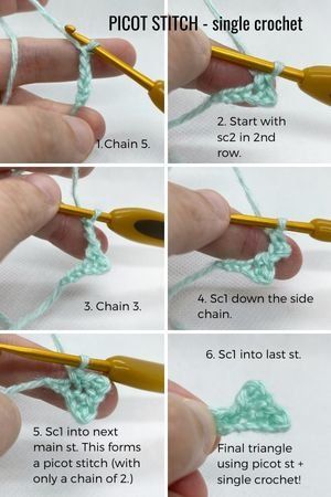 steps on how to crochet picot stitch Crochet Picot Stitch, Picot Stitch, Picot Stitch Crochet, Crochet Picot Edging, Crochet Stitches Uk, Picot Crochet, Treble Crochet Stitch, Advanced Crochet, Basic Crochet Stitches