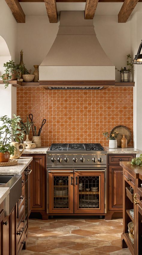 backsplash kitchen ideas Backsplash Terracotta, Terracotta Tile Backsplash, Mediterranean Backsplash, Oaxaca House, Terracotta Kitchen Backsplash, Terra Cotta Backsplash, Terracotta Backsplash Kitchen, Saltillo Tile Kitchen, Mediterranean Kitchen Tiles