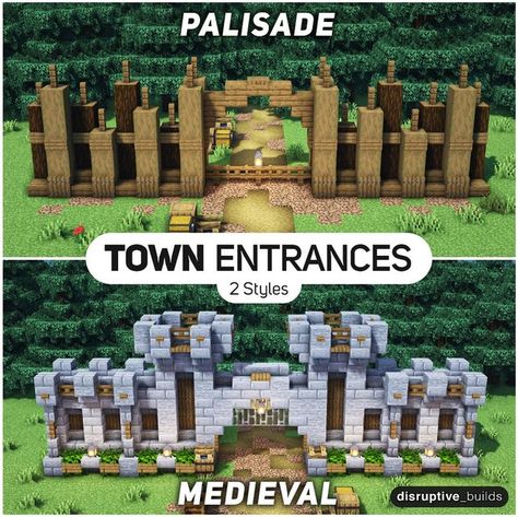 Minecraft Wall Gate Design, Minecraft Wall Entrance Designs, Minecraft Town Wall Ideas, Wall Entrance Minecraft, Minecraft Big Entrance Ideas, Minecraft Survival Wall, Palisade Wall Minecraft, Entrances Minecraft Ideas, Minecraft Mine Entrance Simple