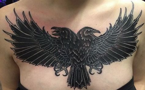 Double Headed Raven Tattoo, Raven Stomach Tattoo, Two Headed Crow Tattoo, Crow Chest Tattoo Female, Raven Chest Tattoo Female, Chest Coverup Tattoo, Black Raven Tattoo, Tattoo Peito, Scarlet Woman