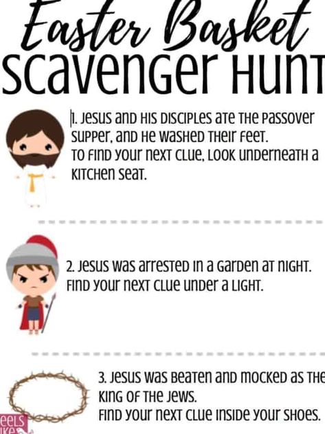 Printable Christ-Centered Easter basket scavenger hunt for Easter morning - A treasure hunt is a great way to find your Easter basket. This hunt for kids, tweens, or teens uses the main points of the Easter story of Jesus as clues. Awesome Christian fun in riddles. Great for families at home. Religious and Bible-based. Easy clues using both indoor and outdoor spots. Easter Basket Scavenger Hunt, Christ Centered Easter Basket, Easter Basket Hunt, Easter Riddles, Easter Scavenger Hunt Clues, Easter Egg Scavenger Hunt, Fun Easter Games, Christ Centered Easter, The Easter Story