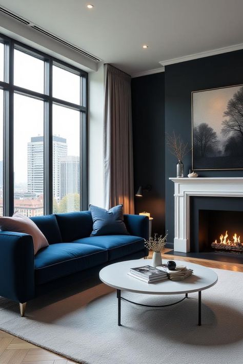 Modern Living Room With Blue Couch, Room With Blue Couch, Living Room With Blue Couch, Blue Couch, Apartment Vibes, Blue Couches, Apartment Ideas, Modern Living, Modern Living Room