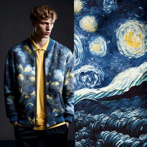 Van Gogh’s Starry Night Spring Fashion Collection Starry Night Outfit Men, Starry Night Fashion, Van Gogh Outfit Aesthetic, Starry Night Clothes, Van Gogh Starry Night Makeup, Spring Fashion Collection, Van Gogh Clothing, Spring Collection Fashion, Mens Costumes