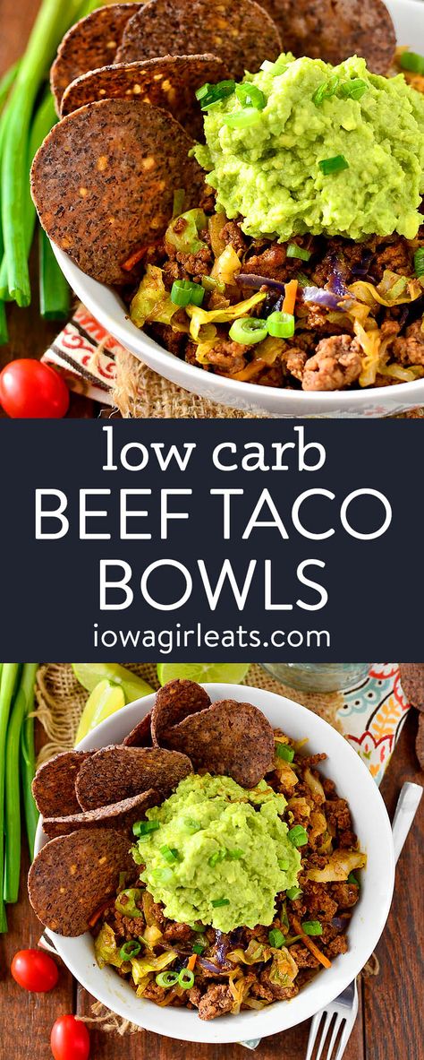 Beef Taco Bowls are a quick and healthy low carb, gluten free dinner recipe. Just 20 minutes from fridge to table! iowagirleats.com keywords: ground beef recipes, ground beef recipes for dinner, ground beef recipes easy, gluten free ground beef recipe, low carb recipe, low carb meals, low carb dinners Beef Taco Bowls, Gluten Free Ground Beef Recipes, Yummy Bowls, Gf Salads, Meals Low Carb, Low Carb Dinners, Recipes Ground Beef, Hispanic Recipes, Homemade Taco Seasoning Recipe