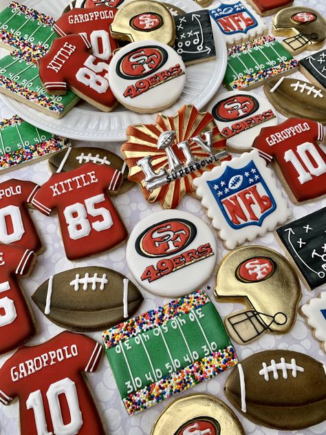 Super Bowl Party Food 49ers, 49er Cookies Decorated, 49ers Themed Snacks, 49er Theme Party, Cookies For Super Bowl, 49er Themed Drinks, 49ers Superbowl Party, 49ers Charcuterie Board, 49er Super Bowl Party