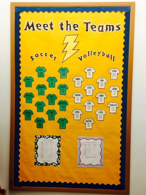 Volleyball Classroom Theme, Volleyball Bulletin Board Ideas, Sport Team Bulletin Boards, Volleyball Scoreboard, Team Bulletin Board Ideas Sport Theme, Soccer Bulletin Board, Volleyball Hotel Door Signs, Riley And Lucas, Sports Bulletin Boards