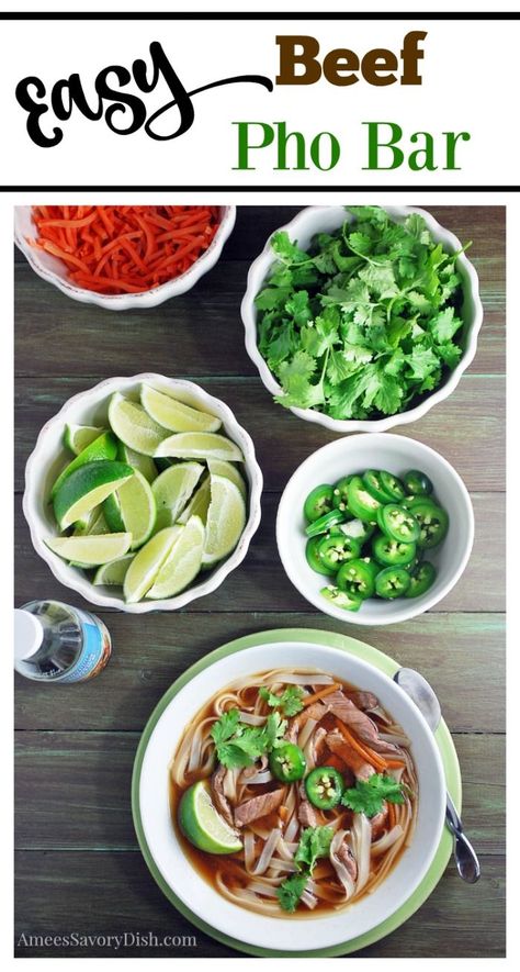 Easy Beef Pho Bar Pho Dinner Party, Pho Bar Party, Pho Party, Easy Beef Pho, Beef Broth Recipes, Noodle Party, Pho At Home, Tender Flank Steak, Pharmacy Week