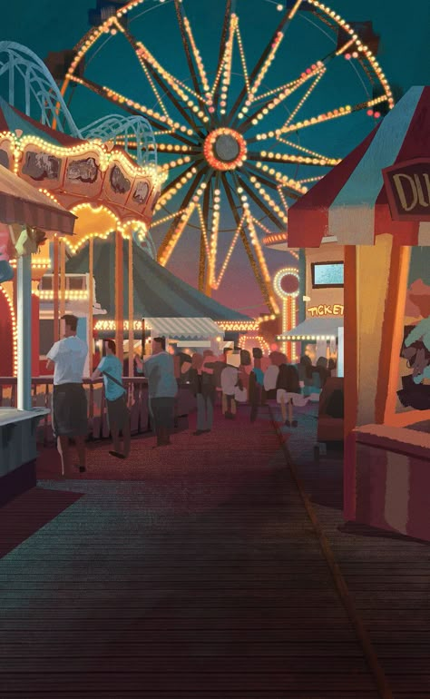 Theme Park Illustration Concept Art, Carnival Background Aesthetic, Amusement Park Poster Design, Carnival Theme Poster, Carnival Painting Canvas, Carnival Poster Ideas, Carnival Rides Aesthetic, Fair Wallpapers, Carnival Moodboard