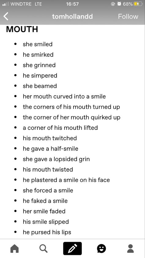 Smiled Synonyms, Describing Smiles Writing, Words For Smile Writing, Words To Use Instead Of Smile, Ways To Describe Laughter, Another Word For Smile, Other Words For Smile Writing, Lips Description Writing, Smile Description Writing