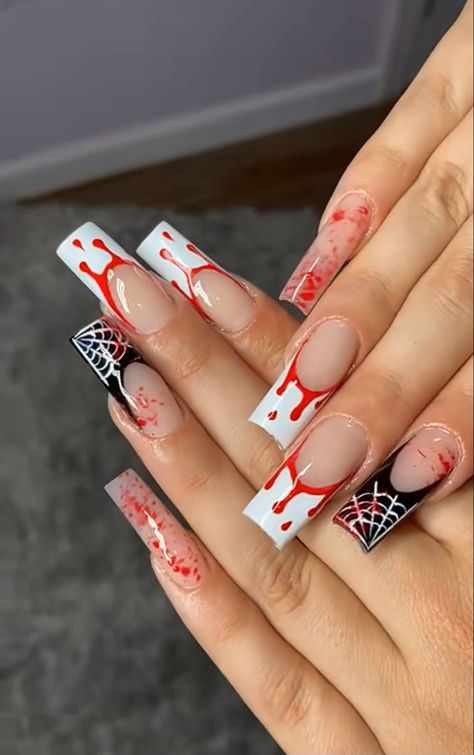 Halloween Acrilyc Nail Ideas, Hollween Costumes Ideas Nails, Halloween Nails Red And White, Medium Length Nails Acrylic Coffin Halloween, Halloween Birthday Nails Short, Halloween Nail Designs Acrylic Square, Halloween Movie Nail Designs, Halloween Nail Designs Coffin Shape, Hollween Theme Nails