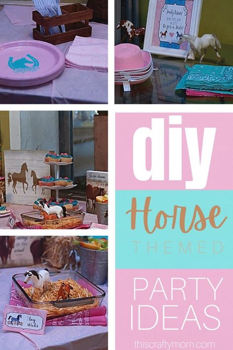 Looking for ideas for a Horse Themed party? Check out this DIY Horse Themed birthday party! There are tons of ideas for Horse Themed decorations, and Horse Themed food! For more party ideas be sure to check out thiscraftymom.com. Horse Back Riding Party Ideas, Horse Party Printables Free, Horse Table Decorations, Horse Farm Birthday Party, Horse Themed Food Ideas, Diy Horse Party Decorations, Horse Pool Party, Horse Party Snacks, Horse Birthday Party Food Ideas