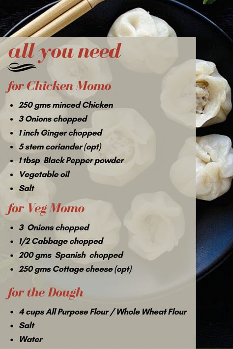 Momo Ingredient List Momo Recipe Chicken, Chicken Momos Recipe Step By Step, Jhol Momo Recipe, Easy Momos Recipe, Veg Momos Recipe, Momo Recipe, Spicy Vegetarian Recipes, Veg Momos, Momos Recipe