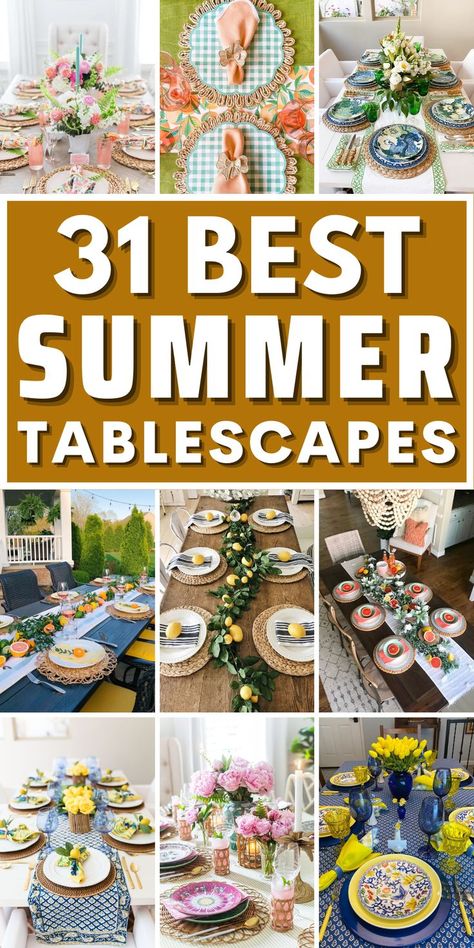 Looking for inspiration for your next summer decor? Check out these stunning Summer Tablescapes! From Rustic to Nautical, Beach to Boho, there's a tablescape here to suit every style. Impress your guests with eye-catching Summer Centerpieces, DIY Summer Tablescapes, and Tropical Tablescapes. Looking for ideas? We've got plenty of Summer Tablescape Ideas to get your creativity flowing. Don't miss our refreshing Lemon Tablescapes or our festive Summer Party Tablescapes. Summer Dining Table Decor, Themed Tablescapes, Lemon Tablescape, Summer Table Centerpieces, Picnic Table Decor, Outdoor Tablescapes, Summer Table Decor, Dinner Party Table Settings, Summer Table Decorations