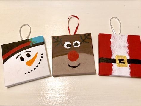 Painted some mini canvases.  Used in EOTS paint party.  Then turned into ornaments that the elves left our son as Christmas Present Christmas Ornament Canvas Painting, Christmas Canvases For Kids, Diy Santa Painting, Christmas Canvas Ornaments, Small Christmas Canvas Paintings Easy, Christmas Canvas For Kids, Easy Christmas Canvas Paintings For Kids, Christmas Mini Canvas, Tiny Christmas Paintings