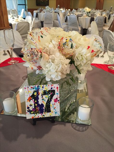 Paint Splatter Wedding Centerpiece Painting Party Centerpieces, Splash Party Ideas, 12th Birthday Ideas, Alter Arrangements, Splash Party, School Auction, Splatter Paint, Floral Centerpiece, Garden Girls