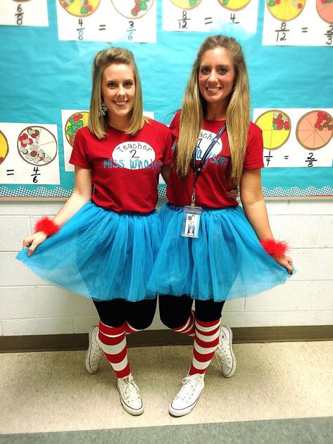 Read Across America Week! Teacher 1 Teacher 2 outfits ❤️❤️ Happy Birthday Dr. Seuss #iteachthird #teachersfollowteachers #drseuss Teacher 1 Teacher 2 Shirts Dr. Seuss, Dr Sues Costumes, Dr Seuss Spirit Week Outfit Ideas, Thing 1 Thing 2 Costume Teacher, Dr Seuss Teacher Costume, Dr Sues Dress Up Ideas, Cat In The Hat Dress Up Ideas For School, Teacher Spirit Week Outfits, Dr Suess Inspired Outfits