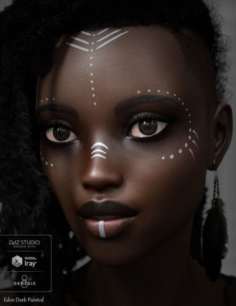 Cant wait to see this project! 📸: Handspan Studios 🚫: I do not own any rights to this. Please support original artist‼️ #characterart #darkaesthetic #darkhair #makeupideas African Face Paint, Warrior Makeup, African Makeup, Festival Face Paint, Boho Makeup, Lots Of Makeup, New Character, Daz 3d, Daz Studio