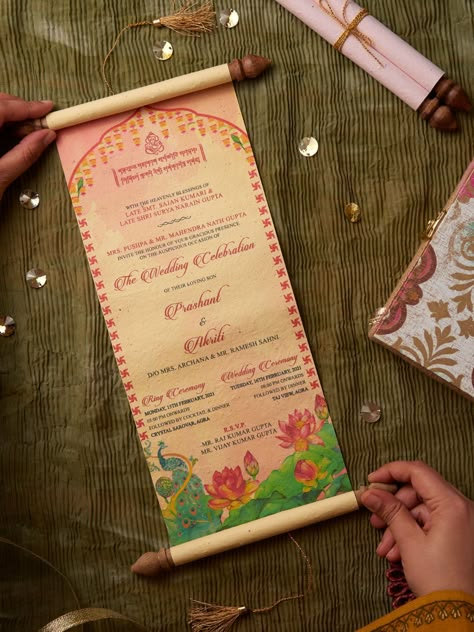 You’ll Love These Bespoke Weddings Invitations For An Intimate Affair | WedMeGood Scroll Invitations, Eco Friendly Wedding Invitations, Hindu Wedding Invitation Cards, Scroll Wedding Invitations, Scroll Invitation, Wedding Card Design Indian, Indian Wedding Invitation Card Design, Hindu Wedding Invitations, Unique Wedding Cards