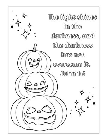 Download this free, printable Christian Halloween coloring page featuring John 1:5, The light shines in the darkness, and the darkness has not overcome it. Great for use at church, for trunk or treat events, harvest festivals, Halloween alternatives, Sunday school, and at home. #pumpkincoloringpage #Bibleversecoloringpage Christian Pumpkin Printable, Pumpkin Sunday School Lesson For Kids, Free Halloween Sunday School Lessons, Halloween Childrens Church Lessons, Harvest Festival Ideas For Preschool, Pumpkin Prayer Coloring Page, Sunday School Halloween Ideas, Scarecrow Bible Lesson, Christian Halloween Ideas Free Printable