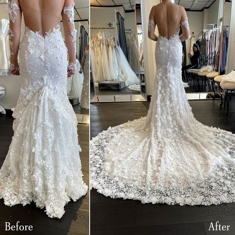 Bustle Wedding Dress Mermaid, Wedding Gowns For Tall Brides, Wedding Dress For Athletic Body Type, Adding A Train To A Wedding Dress Diy, Trumpet Dress Bustle, Sheath Wedding Dress Bustle, Bustle Styles Wedding Dress, Ways To Bustle Wedding Dress, Fit And Flare Wedding Dress Bustle