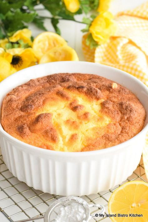 Lemon Sponge Pudding Recipe - My Island Bistro Kitchen Sponge Pudding Recipe, Cheese Souffle Recipes, Sponge Pudding, Lime Desserts, Lemon Sponge, Cheese Souffle, Bistro Kitchen, Souffle Dish, Souffle Recipes