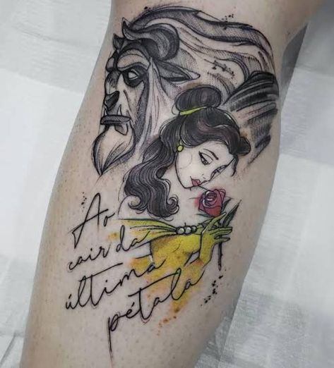 Disney Princess Tattoo Sleeve, Sempre Tattoo, Disney Tattoos Unique, The Beast Tattoo, Disney Inspired Tattoos, Prince Tattoo, Little Prince Tattoo, Beast Tattoo, Belle Tattoo