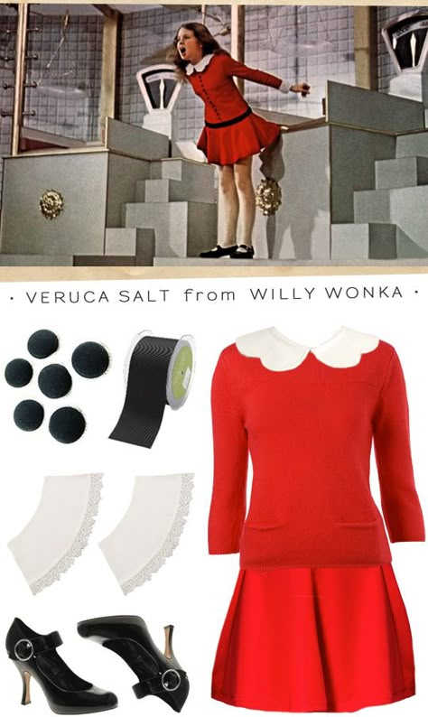 Amazing Halloween costume. Anyone who knows me is positively going to recognize it. Saving for next year! Veruca Salt Costume, Salt Costume, Willy Wonka Halloween, Willy Wonka Costume, Willy Wonka Party, Veruca Salt, Amazing Halloween Costumes, Hallowen Costume, Creative Costumes