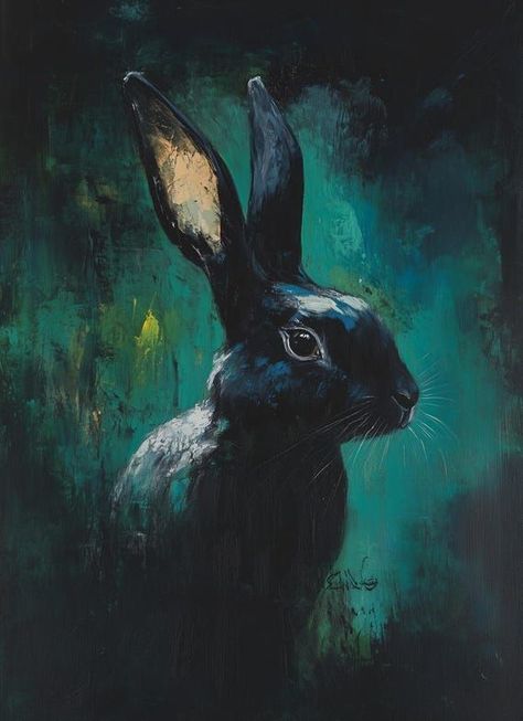 Original Black Rabbit Canvas Print in the Style of Contemporary Animal Art Perfect for Home Decor and Wall Art by CustomCanvasCurators Check out our new canvas print featuring a mesmerizing black rabbit, adding a touch of wild elegance to any space! 🐰🌿 Perfect for animal lovers and art enthusiasts, this piece captures the beauty of nature with its rich palette of greens and deep blacks. Elevate your decor and bring a calming ambience to your home with this stunning focal point. Get ready to... Black Rabbit Art, Paintings For Bedroom, Animal Artists, Movement Drawing, Rabbit Artwork, Wild Rabbit, Rabbit Painting, Black Rabbit, Rabbit Rabbit