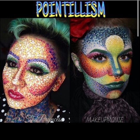 Pointillism makeup Pointillism Makeup, Fairy Concept, Face Painting Art, Artistic Make Up, Face Makeup Ideas, Art Island, Makeup Faces, Make Up Designs, Extreme Makeup