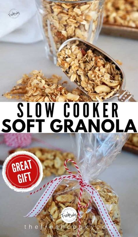 Warm and chewy, soft baked granola easily made in your crockpot or slow cooker! Numerous mix in ideas, great as a topping on yogurt or by itself like cereal. Maple Pecan, Trail Mix Granola, Chocolate Chunk, Hawaiian. This healthy granola is the best! Makes great hostess or neighbor gifts. Recipe #thefreshcooky #granola #homeade #granola #soft #best #easyrecipes #crockpot #slowcooker #kidfriendly #allnatural #snack #yogurtparfaits #foodgifts  via @thefreshcooky Soft And Chewy Granola, Diy Granola Cereal, Soft Chewy Granola Recipe, Crockpot Granola Recipes, Soft Granola Recipe, Homemade Soft Granola, Chewy Granola Recipe, Soft Baked Granola, Homeade Granola