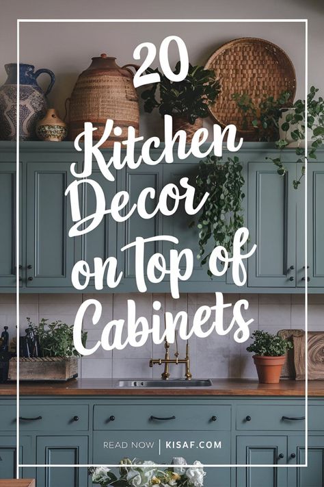 20 Kitchen Decor Ideas on Top of Cabinets You Need to Try! Above Cabinet Kitchen Ideas, Kitchen On Top Of Cabinet Decor, Decorating Open Kitchen Cabinets, Decor For Upper Kitchen Cabinets, On Top Of Cabinets Decor, Decorating A Glass Cabinet, Displays Above Kitchen Cabinets, Pottery On Top Of Kitchen Cabinets, Unique Kitchens And Baths