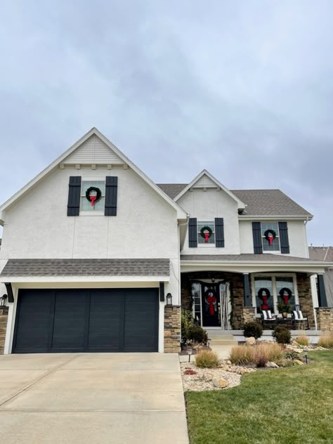 How to Hang a Wreath on Every Window - Life Love Larson House Wreaths Outdoor, Exterior Christmas Wreaths On Windows, Wreaths On Windows Outdoor, Outdoor Wreaths On House, How To Hang Wreaths On Windows, Christmas Wreath On Windows Outdoor, Christmas Wresth, Window Above Door, Bay Window Exterior