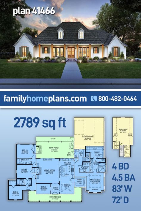 Acadian, Southern Style House Plan 41466 with 2789 Sq Ft, 4 Bed, 5 Bath, 2 Car Garage House Plan With Bonus Room, Acadian House Plans, Southern Style House Plans, 4 Bedroom House Plans, Building Plans House, Farmhouse Style House Plans, Casa Exterior, Family House Plans, Ranch House Plans