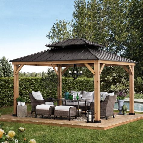 Sunjoy Solid Wood Patio Gazebo & Reviews | Wayfair Rectangle Gazebo, Kolam Koi, Gazebo Ideas, Bar Sala, Outdoor Gazebo, Steel Roof, Hardtop Gazebo, Backyard Gazebo, Backyard Pavilion