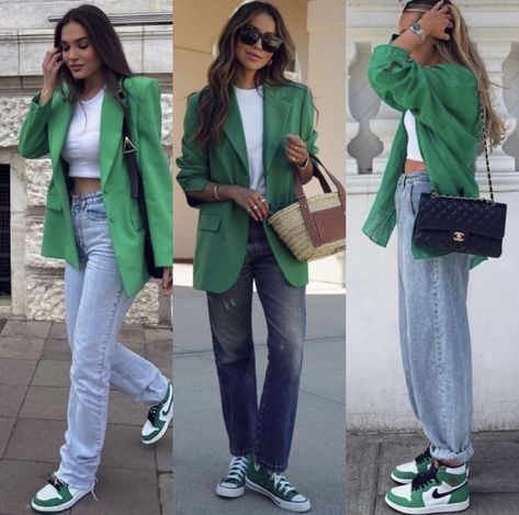 Bright Green Blazer Outfits For Women, Jordan 1 Outfit Women Work, Jordan 1 Work Outfit Women, Blazers With Sneakers Outfits Women, Professional Outfit With Sneakers, Blazer Jeans And Sneakers Outfit, Blazer With Sneakers Women, Green Tennis Shoes Outfit, Blazer And Tennis Shoes Outfit