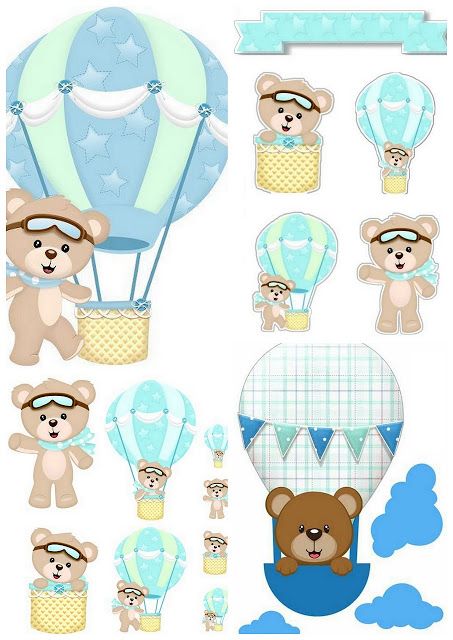 Baby Bear Flying in Balloon Free Printable Cake Toppers. Bear Baby Shower Cake, Baby Shower Oso, Baby Boy Cake Topper, Bear Cake Topper, Teddy Bear Cakes, Baby Shower Deco, Boy Baby Shower Ideas, Baby Shawer, Teddy Bear Baby Shower