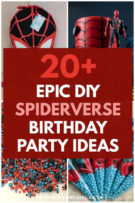 DIY creative Spiderverse Spiderman birthday party ideas Spiderman Party Games, Miles Morales Birthday Party Decorations, Miles Morales Party Ideas, Miles Morales Birthday Cake, Spiderman Party Food, Spiderverse Birthday Party, Miles Morales Cake, Miles Morales Birthday Party, Spiderverse Party