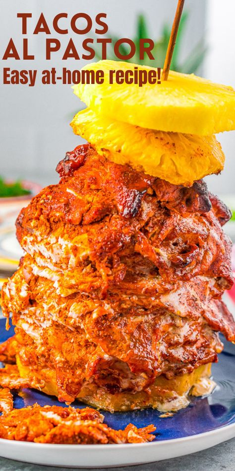 Tacos Al Pastor - Averie Cooks Easy Al Pastor Recipe, Taco Al Pastor Recipe, Pork Al Pastor Recipes, Pork Al Pastor Tacos, Al Pastor Marinade, Tacos Pastor, Taco Al Pastor, Al Pastor Recipe, Tacos Al Pastor Recipe