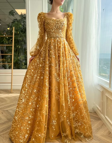 Marigold Reverie Gown | Teuta Matoshi Long Sleeve Party Gown, Gown Flower Design, Modern Party Dress, Unique Designer Dresses Indian, Unique Traditional Dresses, Unique Party Wear Dresses, Gown Sleeves Design, Unique Gown Design, Unique Bridal Looks