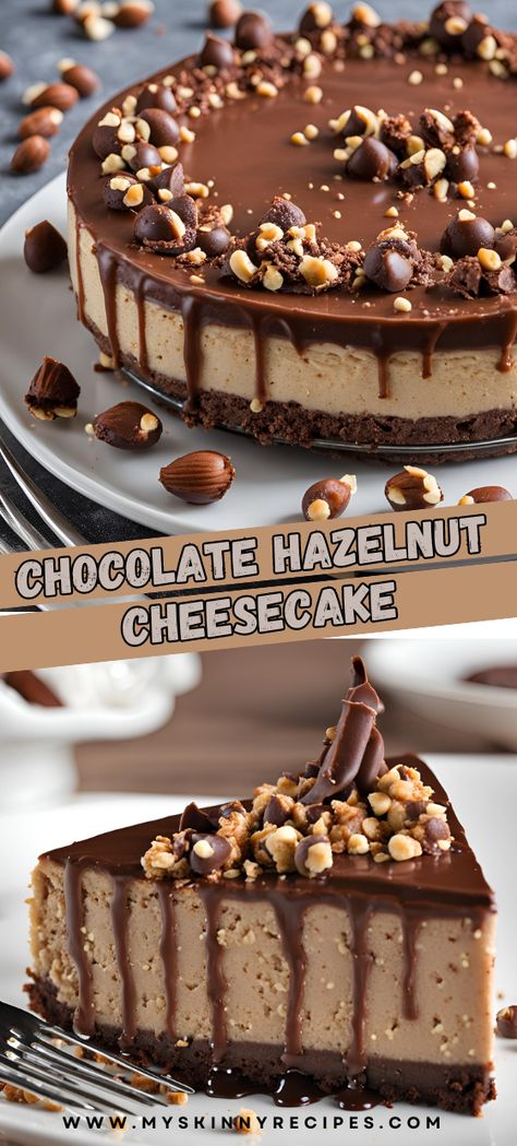 Chocolate Hazelnut Cheesecake 🍫🌰: Indulge in creamy cheesecake with a rich chocolate hazelnut twist! A graham cracker and hazelnut crust perfectly complements the luscious filling made with cream cheese, eggs, sour cream, and Nutella. Topped with a decadent chocolate ganache and optional hazelnut garnish, this dessert is a showstopper! #CheesecakeHeaven #ChocolateLovers #DessertDelights#myskinnyrecipes Sour Desserts, Dessert Slice, Fancy Cheesecakes, Decadent Cheesecake, Hazelnut Pie, Dessert With Hazelnut, Cheesecake Chocolate, Hazelnut Cheesecake, Hazelnut Cheesecake Recipes